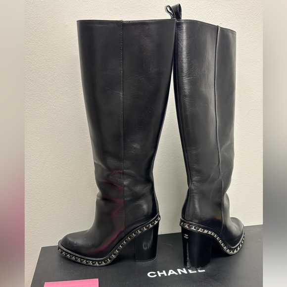 Chanel 14K Black Chain Tall Boots size 38 - Picture 2 of 7